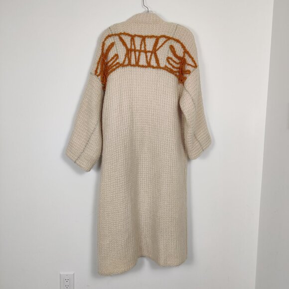 Women's Long Cardigan Size L/XL Beige Orange Fabric Embroidery Vintage Knitwear - Picture 8 of 12
